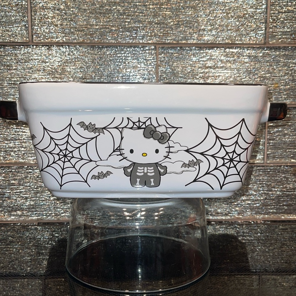 Hello Kitty Bread Loaf Baking Dish Halloween Spiderwebs Skeleton Costume Bats